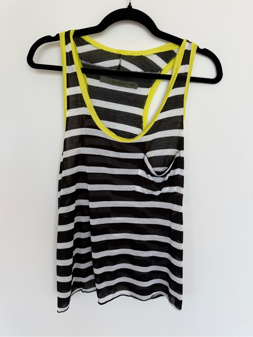 Enza Costa Black & White Striped Racerback Tank with Yellow Trim Size Medium